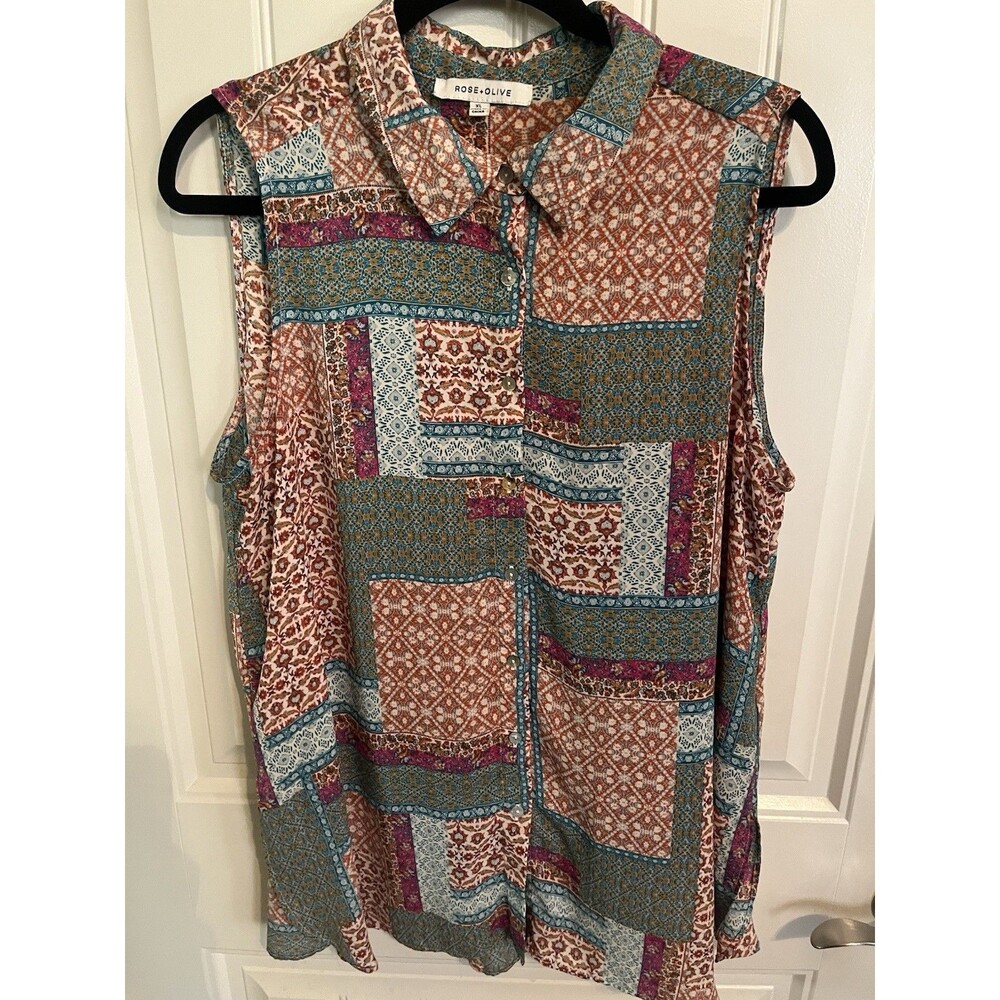 ROSE + OLIVE Patchwork Sleeveless Buttondown Boho Top -XL- Peasant Cottagecore